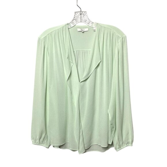 Vince Shirred Silk Blouse Womens Size Small Draped Front Light Green Long Sleeve - Picture 2 of 12